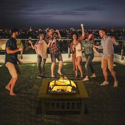 VINGLI 32in Wood Fire Pit with Mesh Lid and Fire Poker, Portable Outdoor Fireplace Burning FirePit for Chrismas Backyard Patio Outside Picnic BBQ Party