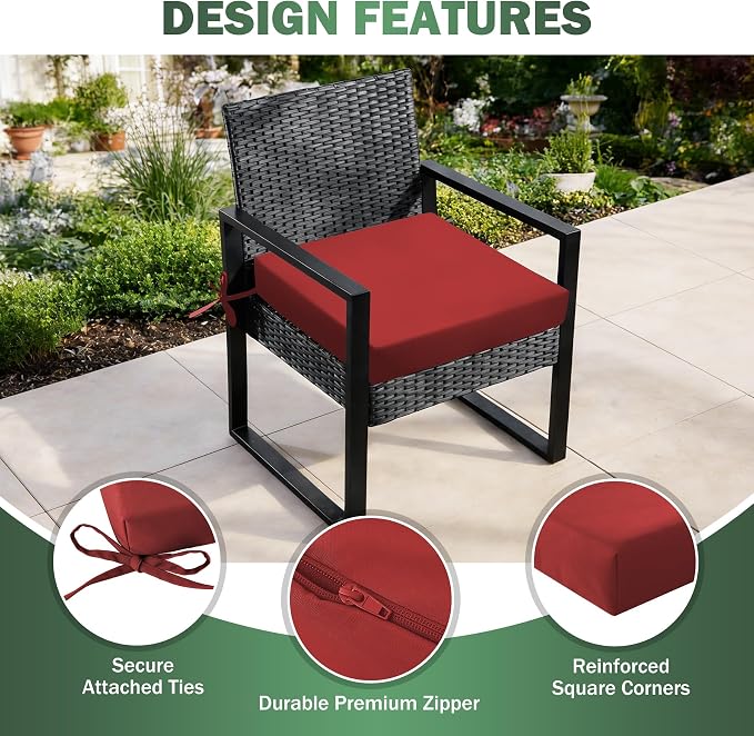 Outdoor Chair Cushions Set of 2, 19x19x3 Inch Waterproof & Fade Resistant Patio Furniture Seat Cushions with Ties, Square Outdoor Dining Chair Cushions for Lawn, Garden, Deck & Yard, Burgundy