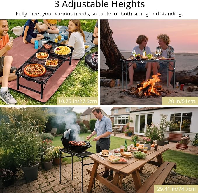 Anbte 3ft Tri-fold Grill Table, 3 Adjustable Heights Max 29.5", Black | Sturdy Metal Grill Table with Storage Bag, Heat-Resistant Tabletop, Portable Handle for Cooking BBQ Outdoor Travel, 35" x 16"