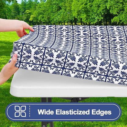Smiry Picnic Table Cover with Bench Covers, Waterproof Elastic Fitted Tablecloth for 6 Foot Tables, Washable Polyester Tablecloths for Camping, Indoor & Outdoor (Indigo & White, 30x72 Inch 3-pc Set)
