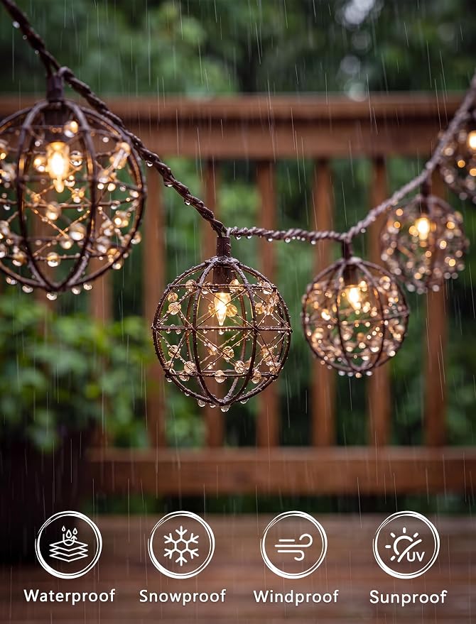 Abeja LED Outdoor Patio Lights, 8.5Ft Beaded Copper Wire Ball Style Lantern Lights with 12 Mini Bulbs, Connectable Boho Lantern String Lights for Yard Garden Bistro Campings Porch Party Backyard