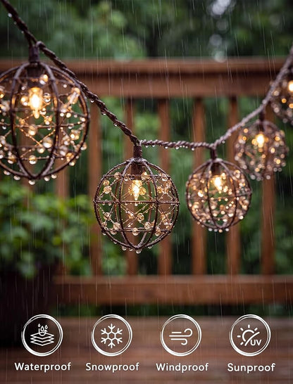 Abeja LED Outdoor Patio Lights, 8.5Ft Beaded Copper Wire Ball Style Lantern Lights with 12 Mini Bulbs, Connectable Boho Lantern String Lights for Yard Garden Bistro Campings Porch Party Backyard