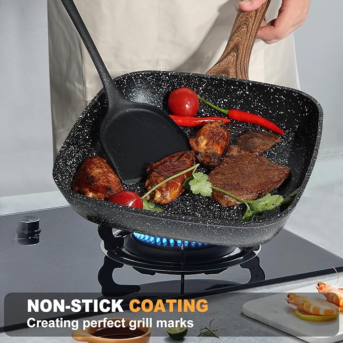 NEWBULIG 3-Piece Nonstick Grill Pan Set, Square Griddle Pans with Wooden Handles, Induction Cooktop Compatible, Nonstick Cookware for Steak, BBQ, Vegetables, Black, 9.5, 10.2, 11 Inch