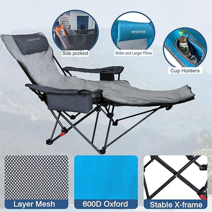Reclining Camping Chair 4 Position with Foot Rest Comfortable for Adults 265Ibs Folding Lounger Mesh Beach Chair with Cooler Bag,Cotton Cushion and Cup Holder for Outdoor Patio
