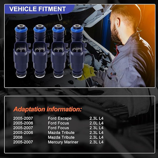 HiSport 4 PCS Fuel Injectors 3M6Z9F593BA Compatible with Ford Escape 2005-2007, Focus 2005-2006,Replacement for Mazda Tribute 2005-2006,2008 Tribute,Mariner 2005-2007 2.3L L4