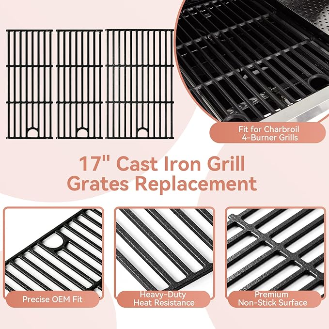 463365021 Cast Iron Grill Grates for Charbroil Performance 4 Burner 463350521 463352521 463354021 463365522, 17 Inch Cooking Grid for Charbroil Grill Parts 463366022 G426-0004-W1 G426-0005-W1