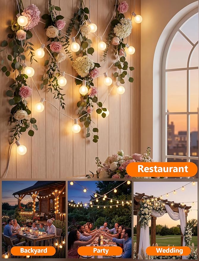 25FT G40 LED Frosted Outdoor String Lights, Globe String Lights with 27 Edison Shatterproof Bulbs(2 Spare), Decorative Lights for Bedroom Bistro Café Wedding, Warm White, White Wire