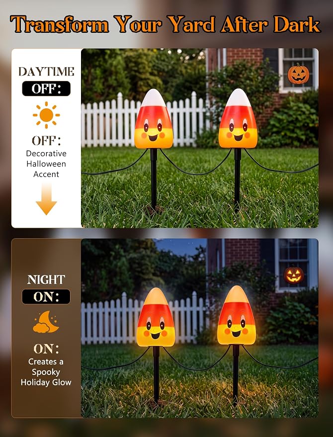 Halloween Candy Corn Pathway Lights Outdoor, 7Ft C7 LED Halloween Decorations Candy Corn Pathway String Lights Waterproof with 4 Stakes for Outdoor Garden Walkway Driveway Lawn Party Decor