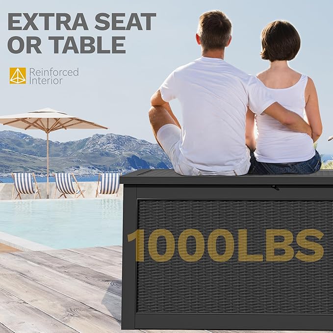 DWVO 320 Gallon Resin Outdoor Storage Box, XXL Large Waterproof Deck Box, Doubles as Table or Seating with 1000 lbs Capacity, Lockable (Black)