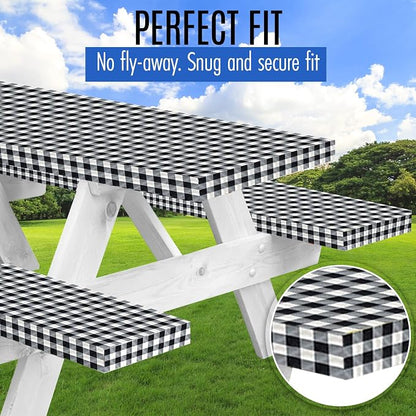 Premium Picnic Table Cover with Bench Covers Vinyl Fitted picnic table covers with Elastic RV Camping Accessories and Camper must haves Waterproof (Black Gingham, 96 x 30(8ft)) with skewers
