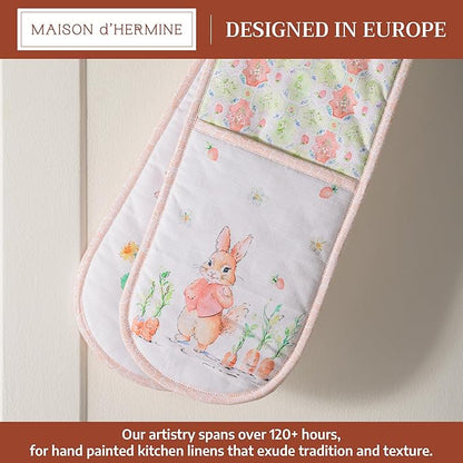 Maison d' Hermine Double Oven Mitts 100% Cotton 7"x35" Double Oven Mitt Heat Resistant BBQ Cooking Gloves with Loop Baking Grilling Kitchen Hotel Home Farmhouse Spring Summer (Bunny Party)