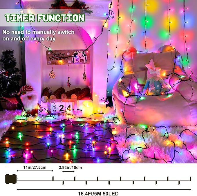 Christmas Lights Indoor Battery Operated String Lights Total 100LED 33Ft with Timer 8 Modes 16.4Ft*2 Waterproof Outdoor Indoor for Christmas Decor, Multicolor, 2-Pack