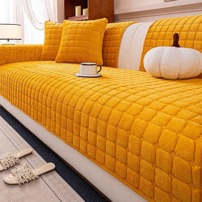 Velvet Couch Cover, Plush Sectional Sofa Cover Washable, Anti Slip Sofa Slipcover for 3-4 Cushions Sofas, Furniture Protector Covers for Pets & Kids(1PC,Mustard Yellow,36"×83")