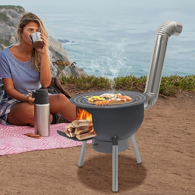 Portable Outdoor Wood Burning BBQ Stove with Grill Rack for Camping