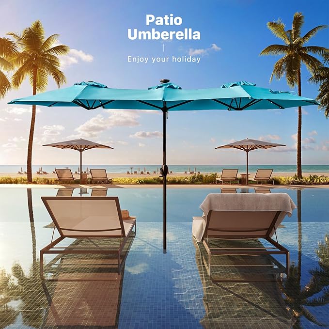 FREE SOLDIER 13ft Patio Umbrella with 36 LED Solar Lights Double Sided Outdoor Umbrella for Patio Table Umbrella with Solar lights for Garden Yard Pool (Turquoise)