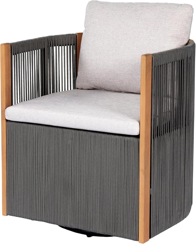 Christopher Knight Home Kato Outdoor Metal & Acacia Wood Frame Swivel Accent Chair with Removable Cushion, 360° Rotating Patio Armchair with Rope Accent, Outdoor Swivel Chair for Garden, Grey