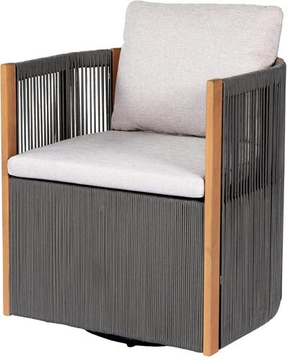 Christopher Knight Home Kato Outdoor Metal & Acacia Wood Frame Swivel Accent Chair with Removable Cushion, 360° Rotating Patio Armchair with Rope Accent, Outdoor Swivel Chair for Garden, Grey