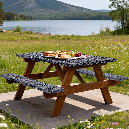 Picnic Table Cover with Bench Covers 6FT 3PCS, Camping Essentials, Rectangle Fitted Camping Tablecloth Waterproof with Elastic Edge for Indoor Outdoor Patio, 60in, Black and White