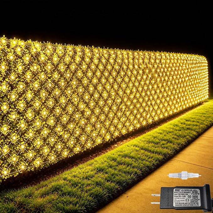Pooqla Warm White Net Lights, 34.5X 5ft Christmas Lights Outdoor Clear Wire | 610 LED Large Net Mesh Lights Plug in, 8 Modes Waterproof Connectable Bushes Lights for Christmas Hedge Yard Decor