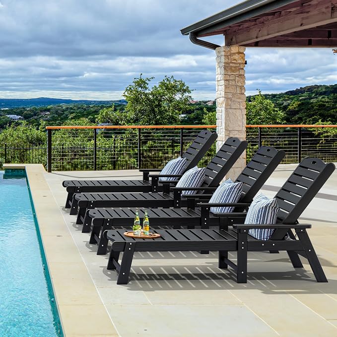 YITAHOME Outdoor Chaise Lounge Chair with Adjustable Backrest, Heavy Duty Resin Patio Lounger with Wide Armrest and 350lbs Capacity for Outside Poolside Beach Backyard, Waterproof, Black