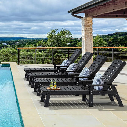 YITAHOME Outdoor Chaise Lounge Chair with Adjustable Backrest, Heavy Duty Resin Patio Lounger with Wide Armrest and 350lbs Capacity for Outside Poolside Beach Backyard, Waterproof, Black