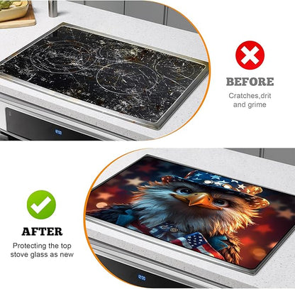 Multi-Design Stove Cover for Glass/Electric Stoves - 3-in-1 Heat-Resistant Protector Mat, Non-Slip Drying Rack 28"x20" (Independence Day - Eagle)