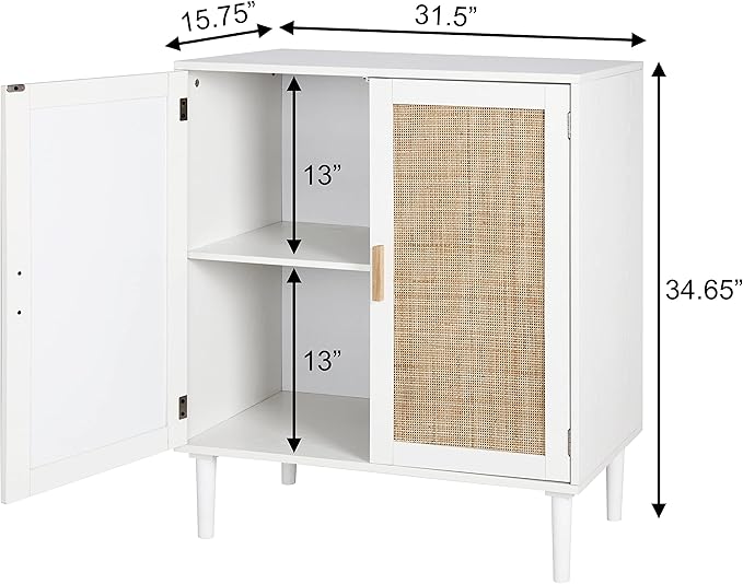 Finnhomy Sideboard Buffet Cabinet, Kitchen Storage Console with Rattan Decorated Doors, Liquor Buffet, Dining Room, Hallway, Cupboard Console Table, Accent Cabinet, 31.5X 15.8X 34.6 Inches, White