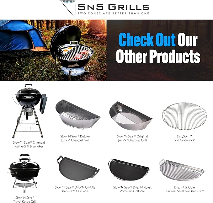 SnS Grills Slow ‘N Sear Original Charcoal Basket for Weber 22” Kettle — Two-Zone Smoker Attachment for Low and Slow BBQ, Reverse Sear — America’s Test Kitchen Best Grill Accessory