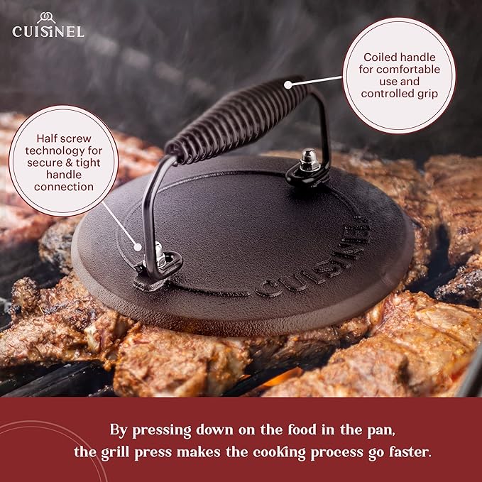 Cuisinel Grill Press - Cast Iron Burger Press for Bacon, Steak and Smashed Hamburgers - 7.5" Round Pre-Seasoned 4-lb. Weight Sandwich/Panini Maker - Griddle, BBQ, Grill Accessory