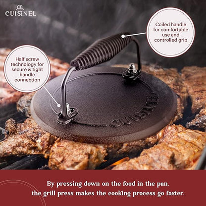 Cuisinel Grill Press - Cast Iron Burger Press for Bacon, Steak and Smashed Hamburgers - 7.5" Round Pre-Seasoned 4-lb. Weight Sandwich/Panini Maker - Griddle, BBQ, Grill Accessory