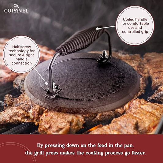 Cuisinel Grill Press - Cast Iron Burger Press for Bacon, Steak and Smashed Hamburgers - 7.5" Round Pre-Seasoned 4-lb. Weight Sandwich/Panini Maker - Griddle, BBQ, Grill Accessory