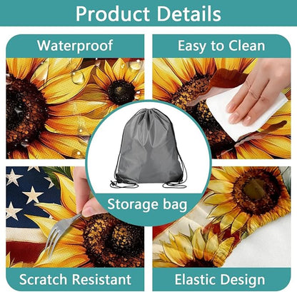 Picnic Table Cover with Bench Covers and Bag, American Flag Sunflower Summer Camping Essentials Outdoor Table Covers with Elastic Picnic Waterproof Fitted Tablecloth for RV Picnic Travel 3pcs 72inch