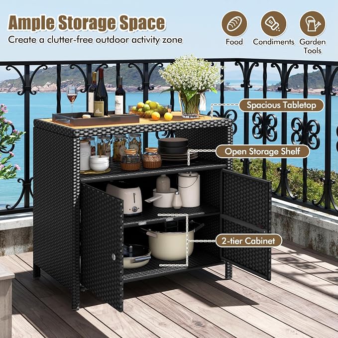 Wicker Outdoor Storage Cabinet, Rattan Patio Bar Table with Acacia Wood Countertop, Open Compartment & 2 Doors, Outdoor Buffet Cabinet Sideboard for Poolside, Garden, Backyard (Black)