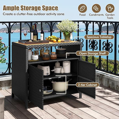 Wicker Outdoor Storage Cabinet, Rattan Patio Bar Table with Acacia Wood Countertop, Open Compartment & 2 Doors, Outdoor Buffet Cabinet Sideboard for Poolside, Garden, Backyard (Black)