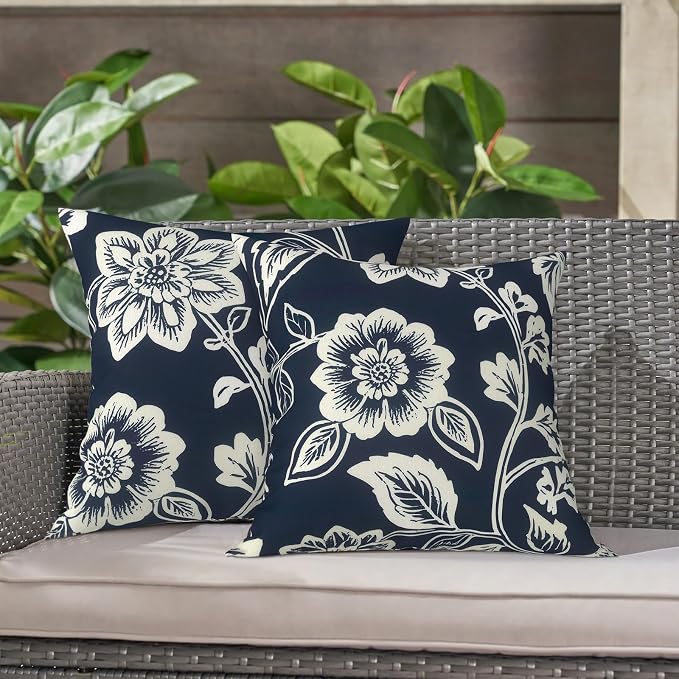LVTXIII 2 Pack Outdoor Throw Pillow Covers for Patio Furniture, 16x16 Inch Square Pillow Case, Water-Repellent Cushion Covers for Garden, Porch, Sofa, Elegant Vines Navy