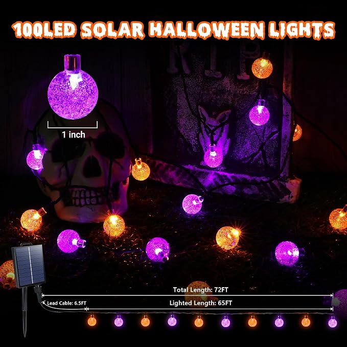 Joomer Orange Purple Halloween Solar String Light,65FT 100LED Globe Lights | with 8 Lighting Modes, Waterproof Auto On/Off Solar Powered Lights for Garden Yard Outdoor Halloween Decor