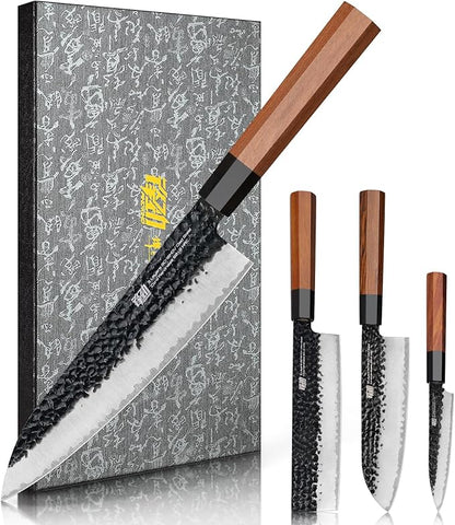 FINDKING 4PCS Kitchen Knife Set, Japanese Chef Knife Set with 9Cr18MoV High Carbon Steel Hammered Blades, Rosewood Octagonal Handles, for Meat, Fruits and Vegetables, Dynasty Series