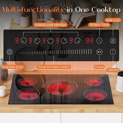 36 Inch Electric Cooktop, 5 Burner Electric Cooktop Bulit in, 9200W, 9 Power Levels, Electrics Stove with Timer, Safety Lock, Pause, 220V-240V Hard Wire