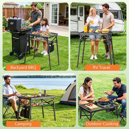 Raynesys Portable Folding Grill Table for Outside for Picnic, Camping | 3 Height Adjustable Small Camping Table with Mesh Bag, Metal Aluminum Folding Table, 23.62 x 15.75 inches, Black