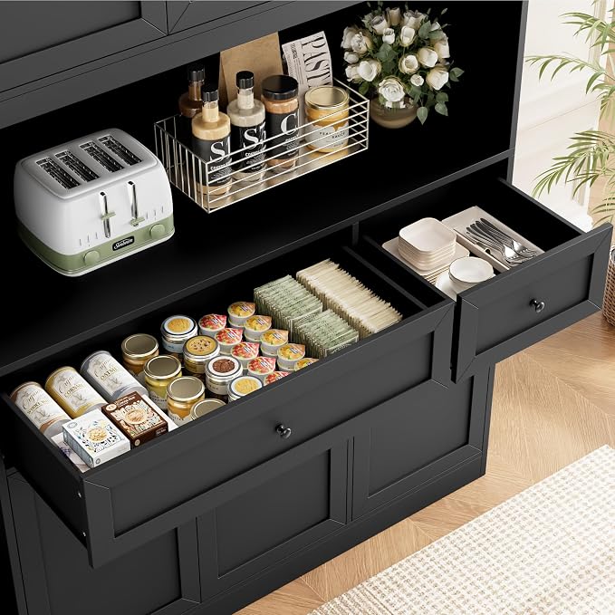 BOTLOG 72" Kitchen Pantry Cabinet Microwave Stand, 10 Storage Compartments | 2 Drawers, Large Capacity, 47.2-inch wide Countertop, Kitchen Hutch utch for Dining Room (Black)