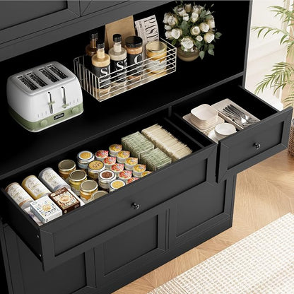 BOTLOG 72" Kitchen Pantry Cabinet Microwave Stand, 10 Storage Compartments | 2 Drawers, Large Capacity, 47.2-inch wide Countertop, Kitchen Hutch utch for Dining Room (Black)