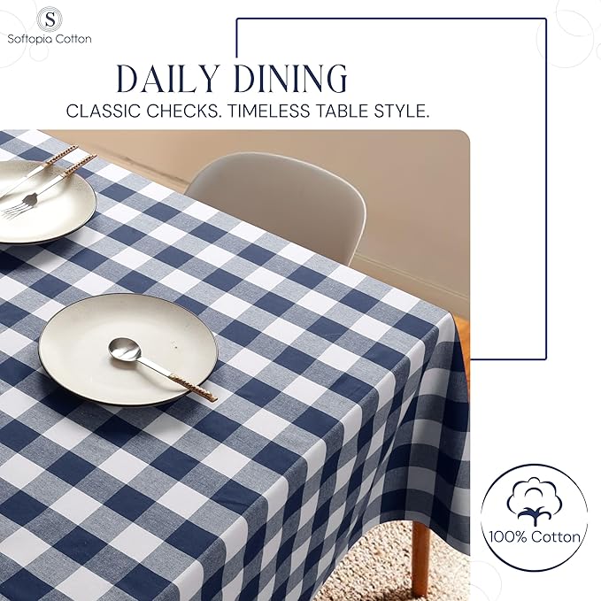 Buffalo Plaid Check 52"x70" Tablecloth 100% Cotton Washable Rustic Rectangle Table Cover Decorative for Gifts, Dining, BBQ, Buffet Parties & Camping - Navy
