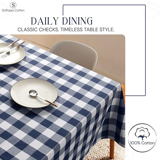 Navy Blue Buffalo Check Tablecloth, 60x102 Inches, Plaid Dining Table Cover, 100% Cotton, Washable, Reusable Farmhouse Table Linen for Holidays, Winter Meals, Wedding, Everyday Dining