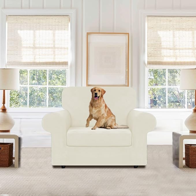 WEERRW Stretch Chair Sofa Slipcover - 2 Pieces Luxury Soft Plush Couch Cover Furniture Protector with Elastic Bottom for Pets, Machine Washable, Ivory, Small | Armchair Slipcovers Luxury Soft Velvet Plush Furniture Protector Couch Cover with Elastic Bo...