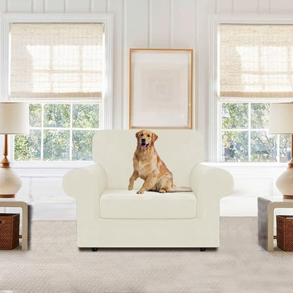 WEERRW Stretch Chair Sofa Slipcover - 2 Pieces Luxury Soft Plush Couch Cover Furniture Protector with Elastic Bottom for Pets, Machine Washable, Ivory, Small | Armchair Slipcovers Luxury Soft Velvet Plush Furniture Protector Couch Cover with Elastic Bo...