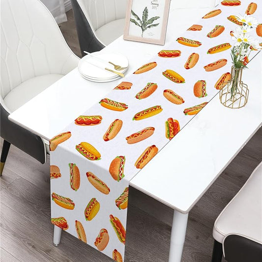 Hot Dog Table Runner Hot Dog Day Birthday Party Decoration Fast Food Sausage Dining Room Home Kitchen Table Decor (13" x 90")
