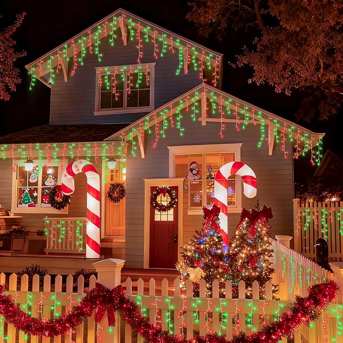YEGUO 66ft 800 LED Red and Green Icicle Lights Outdoor Waterproof, 160 Drops Icicle String Lights Connectable, 8 Modes Icicle Christmas Lights with Memory Timer