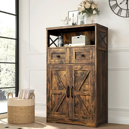 Befrases Farmhouse Storage Cabinet with Drawers and Shelves, Kitchen Pantry Storage Cabinet, Floor Hutch Cupboard for Dining Living Room Home Office, Rustic Brown