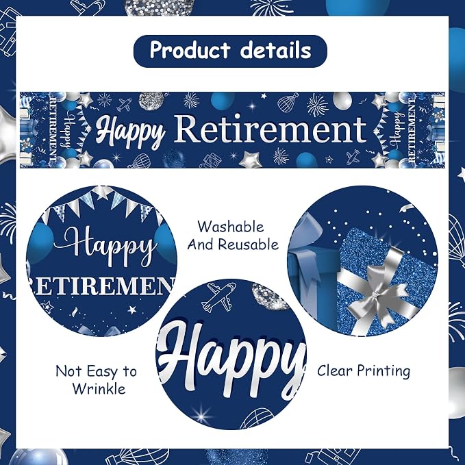 Happy Retirement Table Runner, Navy Blue Sliver Retirement Theme Linen Fabric Table Runner for Everyday Use 72 x 13 Inches, Washable Table Cover for Indoor Outdoor Kitchen Dining Table Decor