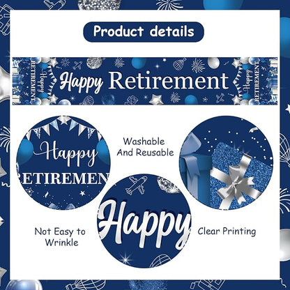 Happy Retirement Table Runner, Navy Blue Sliver Retirement Theme Linen Fabric Table Runner for Everyday Use 72 x 13 Inches, Washable Table Cover for Indoor Outdoor Kitchen Dining Table Decor